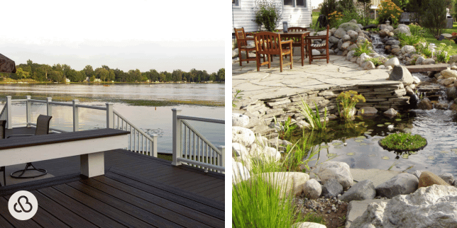 Greater Lansing composite deck and pond patio built by Custom Built Design and Remodeling