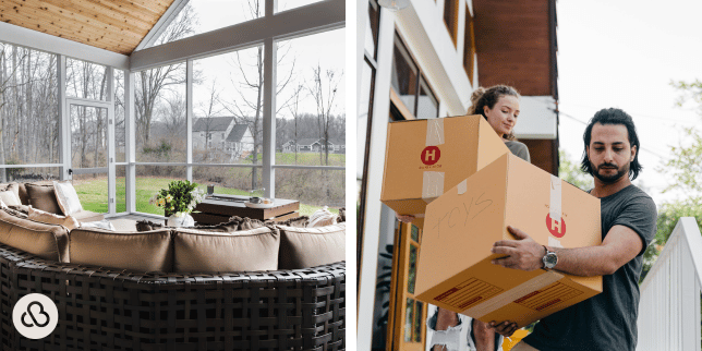 home remodeling vs moving which is the right investment screened in sunroom and homeowners carrying boxes custom built michigan