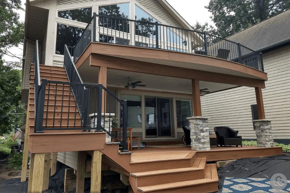 multi tier composite deck with differing decking lines deckorators fiberon trex custom built boyne city