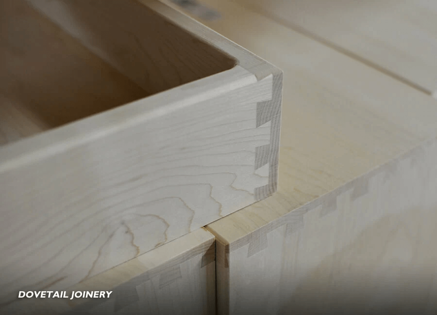 Side view of dovetail joint on a cabinet