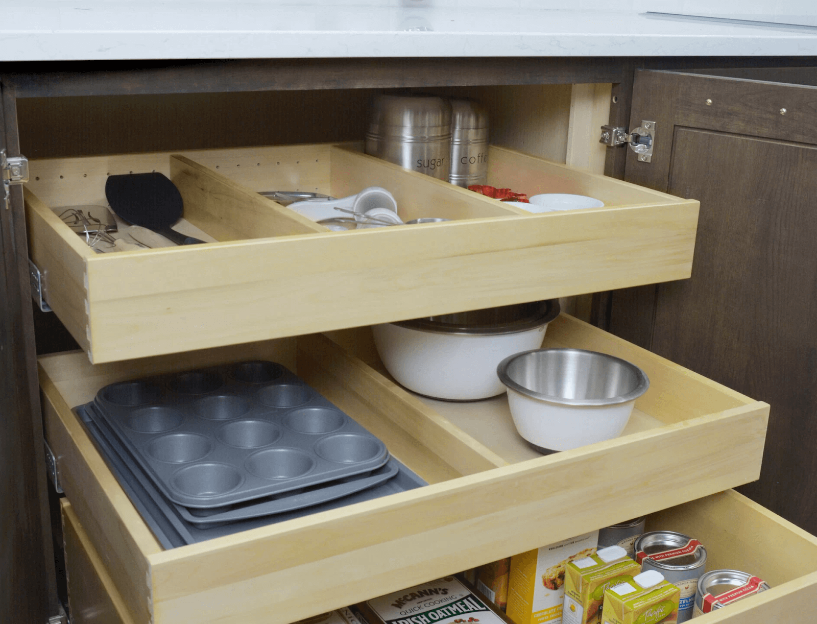 Drawer rollouts on a lower cabinet