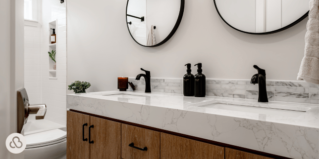 top paint color ideas for your bathroom remodel double vanity in half bath with circular mirrors and backsplash custom built michigan