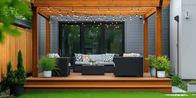 spring outdoor living space with deck and pergola in Lansing Michigan