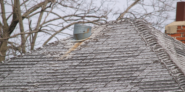 damaged asphalt roof shingles with moss growing in Lansing Michigan