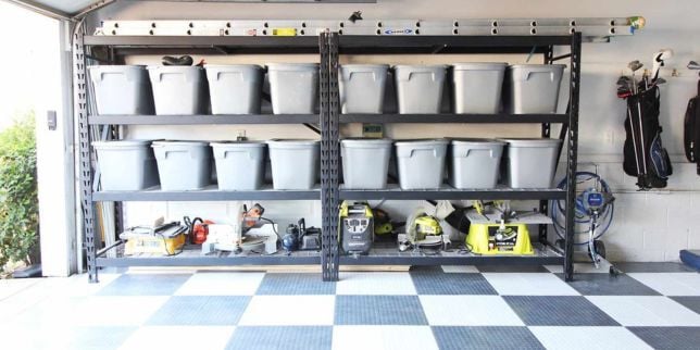 garage remodeling project in Greater Lansing with storage and interlocking floor tiles