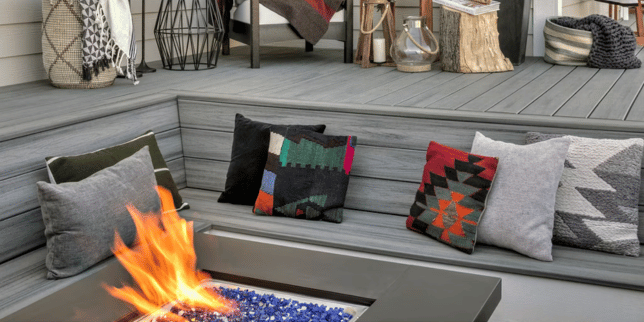 built in design features to incorporate into your deck fire pit bench with throw pillows custom built michigan