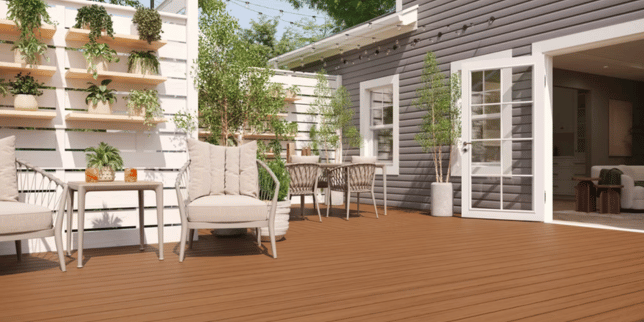 how to access your trex warranty for your composite deck outdoor living space with furniture and dining table custom built michigan