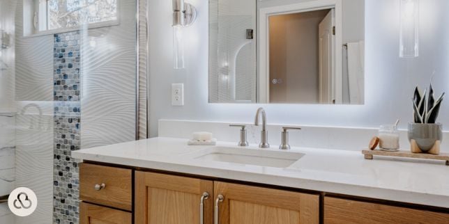 luxury bathroom remodeling project with large vanity built by Custom Built Design and Remodeling in Greater Lansing Michigan