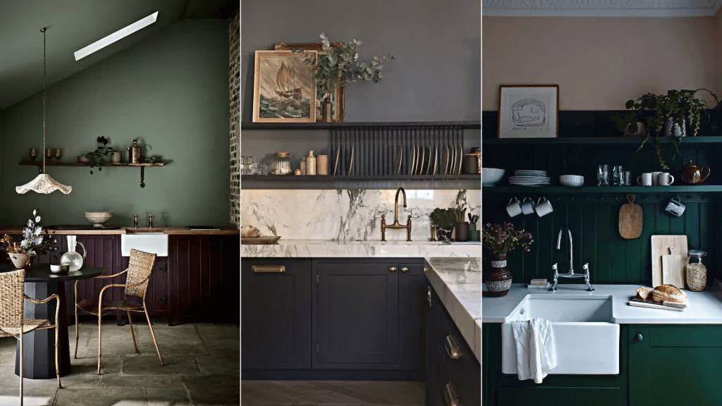 Different kitchens with moody color schemes.