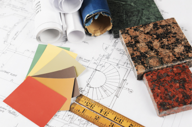 countertop samples and color swatches on top of Lansing remodeling project design