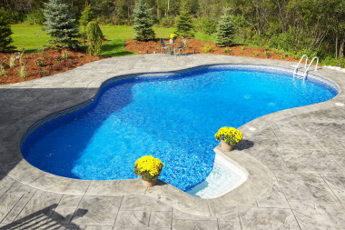 Greater Lansing outdoor living project with concrete pool and greenery