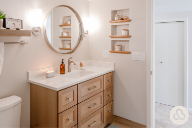 how long does a bathroom remodel take sink vanity with circular mirror and sconce lighting custom built michigan