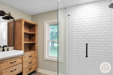 how long does a bathroom remodel take glass shower door and vanity shelving custom built michigan