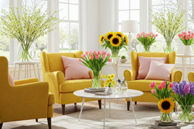 interior design ideas to revitalize your home this spring living room with flowers and bright yellow furniture custom built michigan