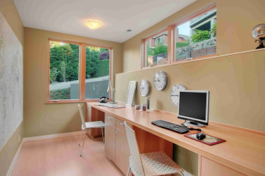 top basement layout design ideas for your home remodel remote office area with long shared desk and large windows custom built michigan