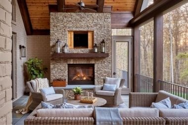 screened in porch with fireplace and cedar ceiling in Greater Lansing