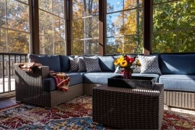 screened in porch in Greater Lansing Michigan with wicker furniture and large windows