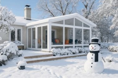 patio enclosure sunroom addition with large windows in snow