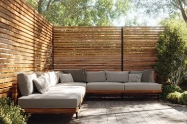 composite deck project with wood privacy screen and outdoor furniture