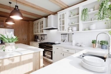 luxury kitchen remodeling project with white countertops and shelving