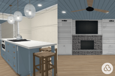 3d renderings of luxury kitchen remodel and living room renovation projects by Custom Built Design and Remodeling