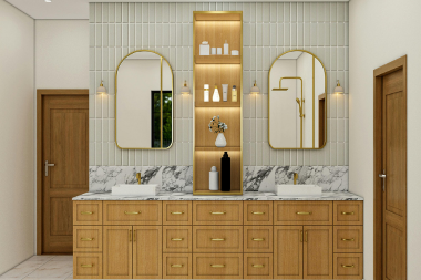 Greater Lansing luxury bathroom remodel with double vanity and tall cabinet storage