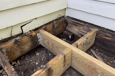 rotted structural decking joists and cracked siding in Greater Lansing Michigan