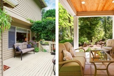 Greater Lansing decking area with furniture and patio space with wood ceiling