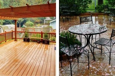 Greater Lansing composite deck with pergola and rainy patio with metal furniture