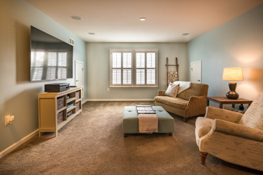 finished basement remodeling project in Greater Lansing with carpet flooring and tv area