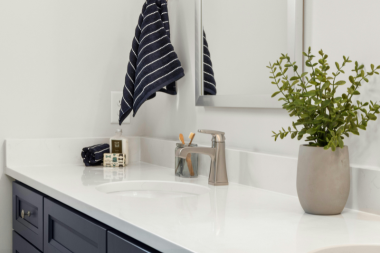 Northern Michigan bathroom remodeling project with quartz countertop sink vanity