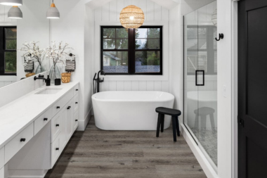 Northern Michigan bathroom remodeling project with luxury vinyl plank flooring