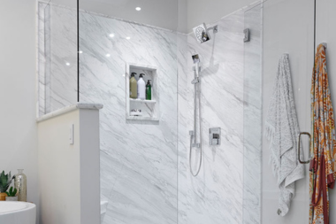 Northern Michigan bathroom remodeling project with glass door walk in shower