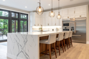 luxury kitchen remodeling project in Northern Michigan with waterfall countertop