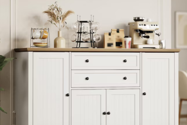 coffee bar with built in cabinets and pantry storage