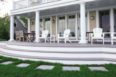 composite deck with curved decking boards and stairs