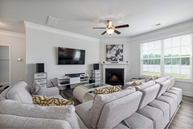 living room in lake house basement remodeling project