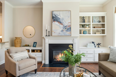 basement remodeling project in Northern Michigan lakehouse with living room area and fireplace