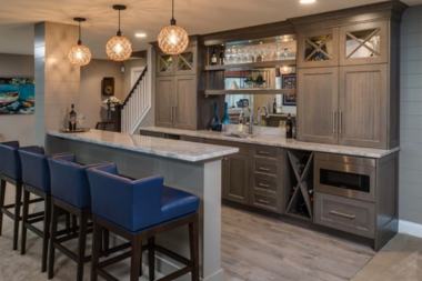 basement remodeling project in Northern Michigan lakehouse with wet bar and kitchenette