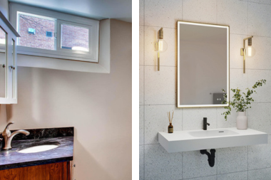 basement bathroom remodeling projects in Greater Lansing with transom window and sconce lighting