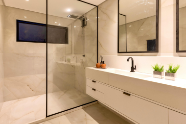 Greater Lansing basement bathroom with large sink vanity and wet room