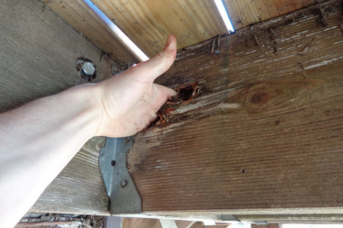 deck replacement vs repair which is right for you builder putting hand in structural beam rot custom built michigan