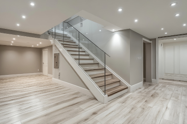 basement flooring reviews carpet luxury vinyl plank and epoxy compared staircase with glass paneling custom built michigan