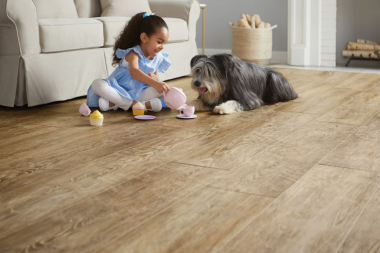 basement flooring reviews carpet luxury vinyl plank and epoxy compared child with dog playing on floor custom built michigan
