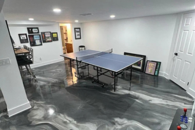 basement flooring reviews carpet luxury vinyl plank and epoxy compared patterned floor space with ping pong table custom built michigan
