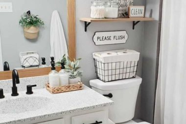 tips for designing a functional guest bathroom wicker basket storage and open shelving custom built michigan