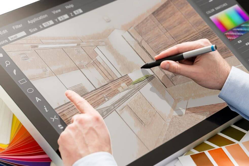 3D rendering of a kitchen remodel on a tablet