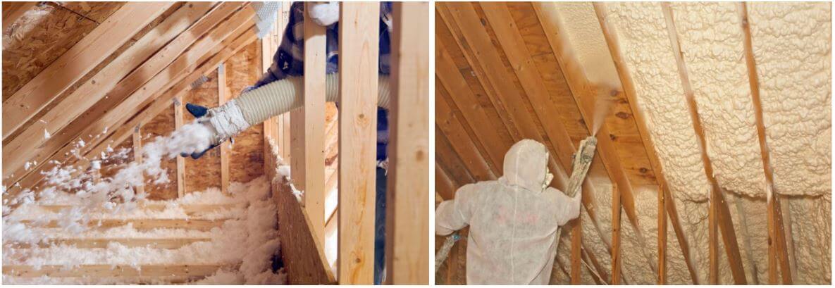 spray and loose-fill insulation in an attic