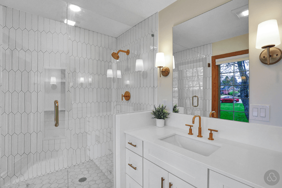 top bathroom lighting fixture ideas white shower tile gold faucet custom built michigan