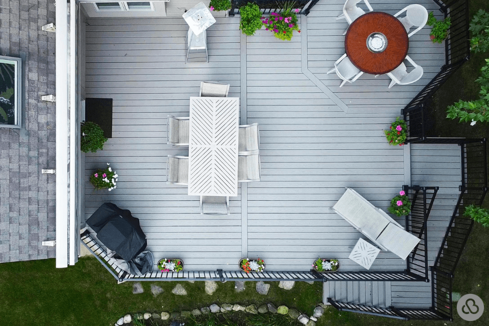 top composite decking brands overhead view seating area with bbq grill custom built michigan